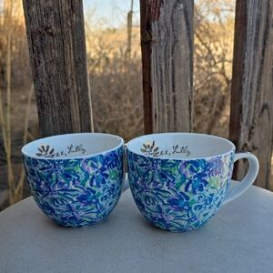Lilly Pulitzer Hidden Cat Mugs – Rare Floral Pair, 12oz, Gold Trim